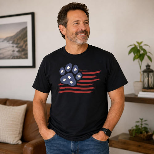 4th of July Dog Shirt for Men and Women, Patriotic American Flag Paw Print Tee