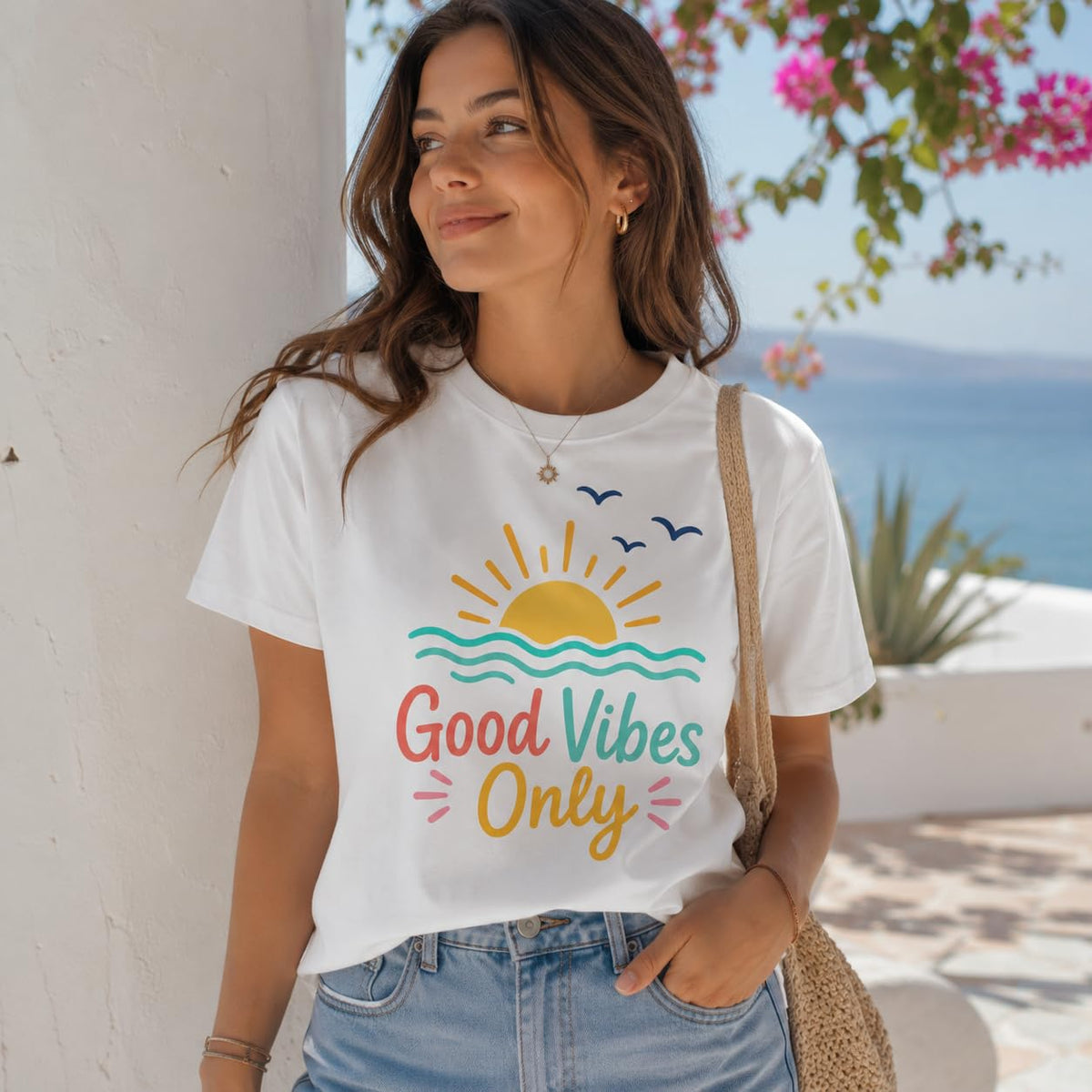 Good Vibes Only Vintage Retro Sunset Beach Graphic T-Shirt