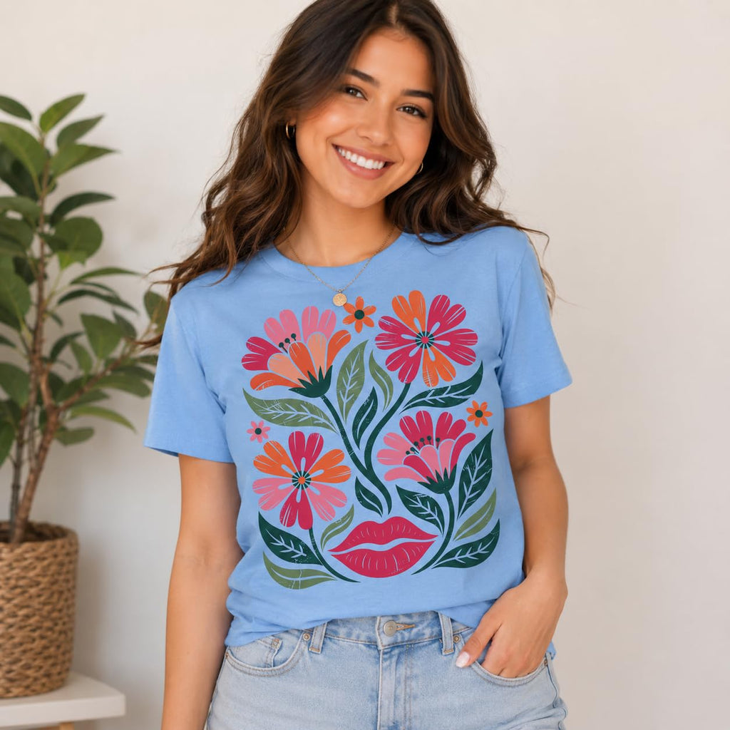 Women's Floral Graphic Tee Colorful Flower Design T-Shirt