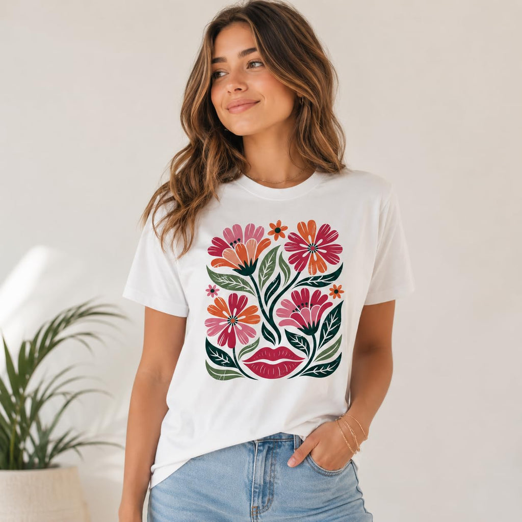 Women's Floral Graphic Tee Colorful Flower Design T-Shirt