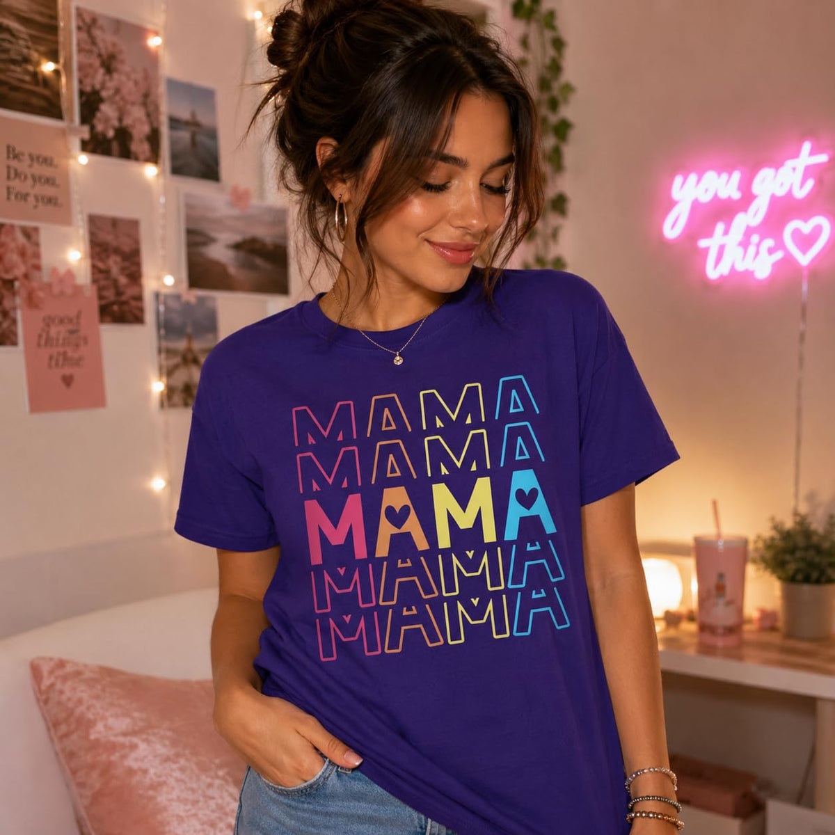 Mama Graphic T-Shirt with Pastel Heart for Women