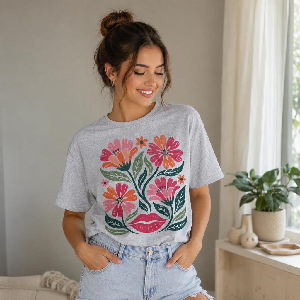 Women's Floral Graphic Tee Colorful Flower Design T-Shirt