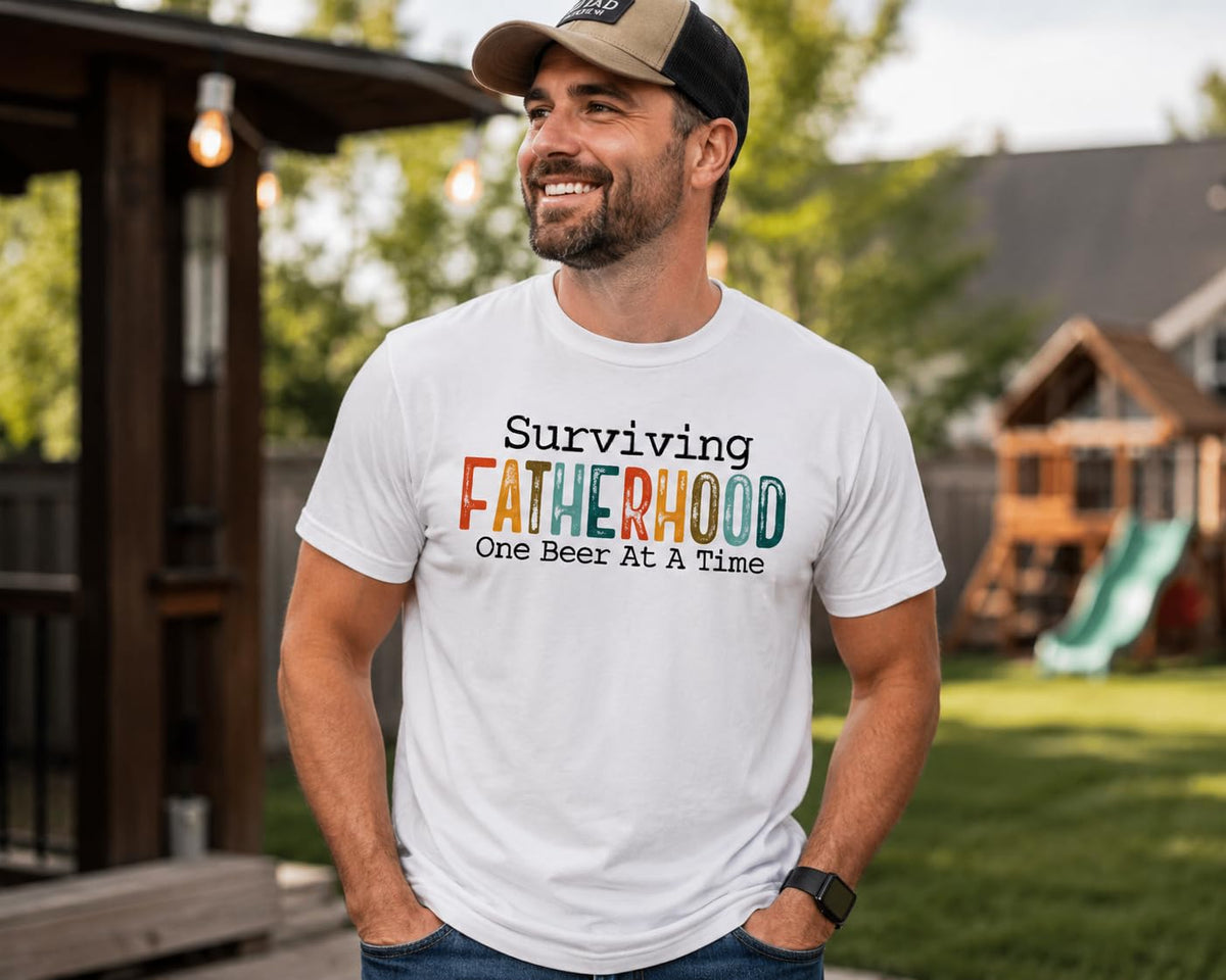 Surviving Fatherhood Funny Dad Beer Graphic Tee, Retro Father's Day T-Shirt, Gift for Dads, Husband, Grandpa