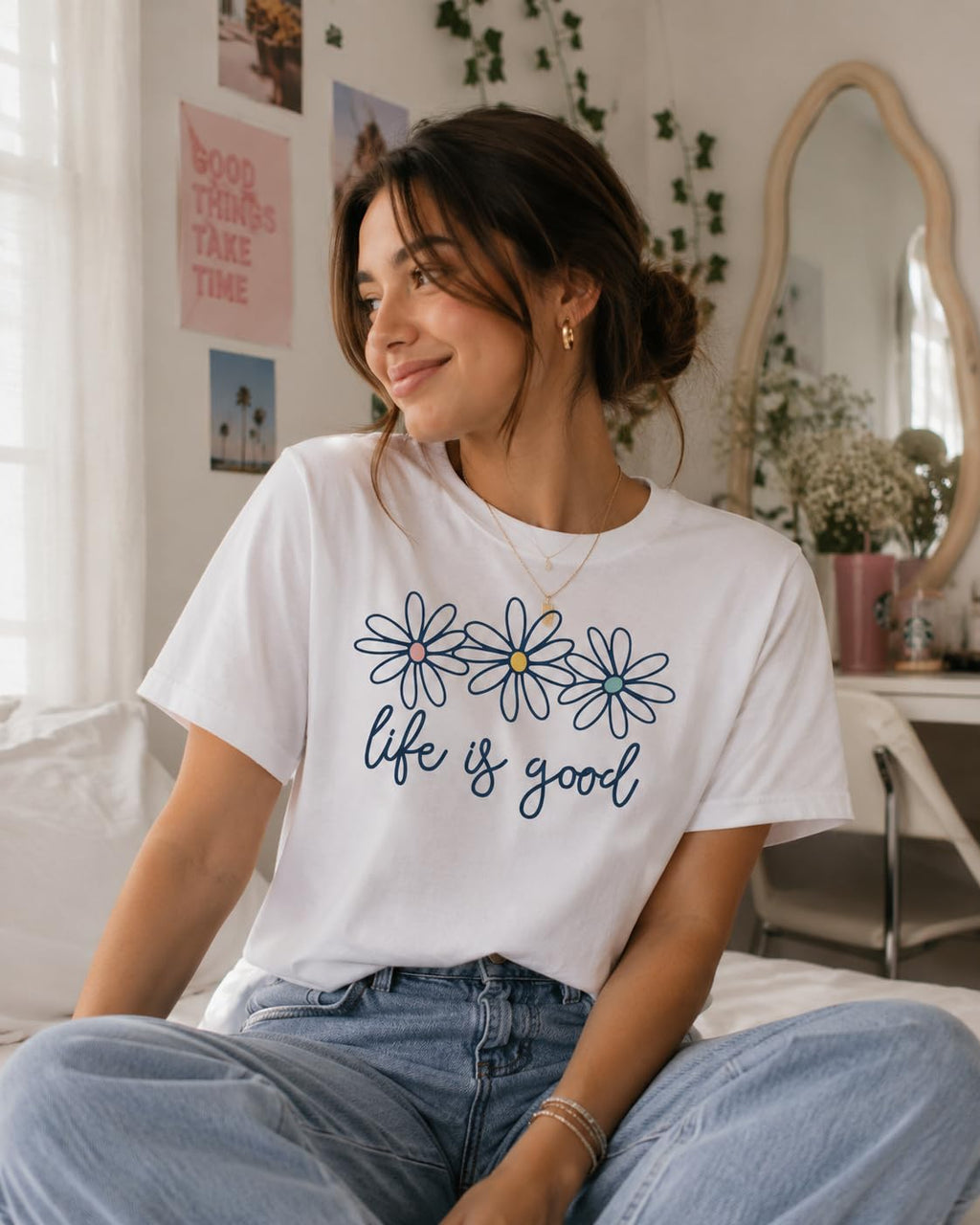 Life is Good Daisy Flower Graphic T-Shirt for Women Unisex Sizes