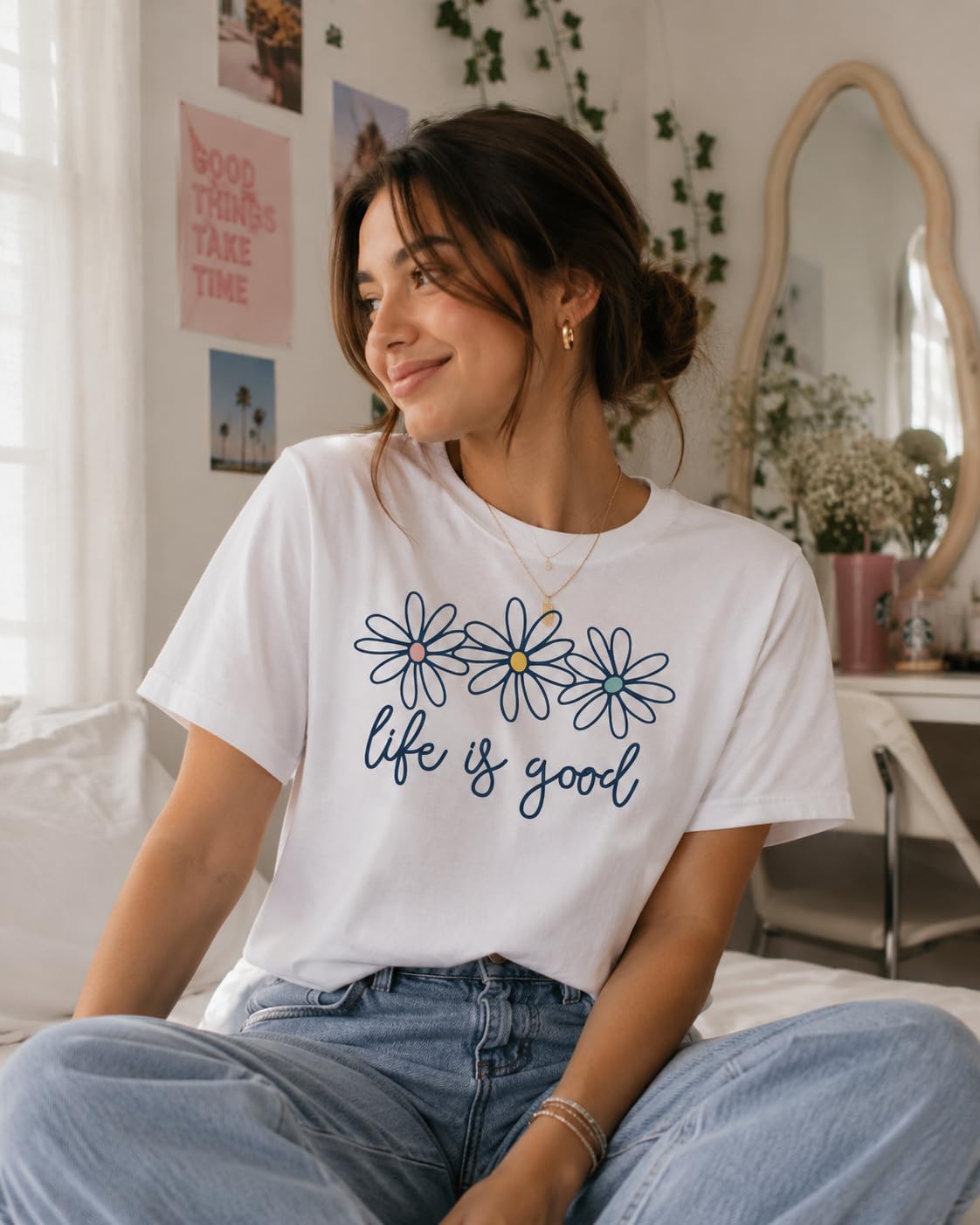 Life is Good Daisy Flower Graphic T-Shirt for Women Unisex Sizes