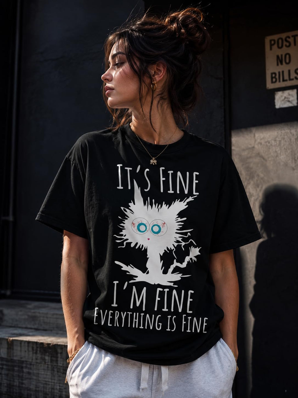 Black Cat Graphic T-Shirt It's Fine I'm Fine Everything is Fine