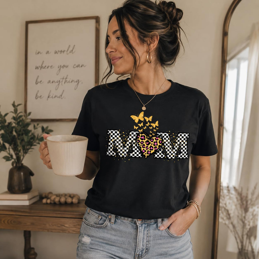 Butterfly Leopard Heart Checkered Mama Graphic T-Shirt for Women