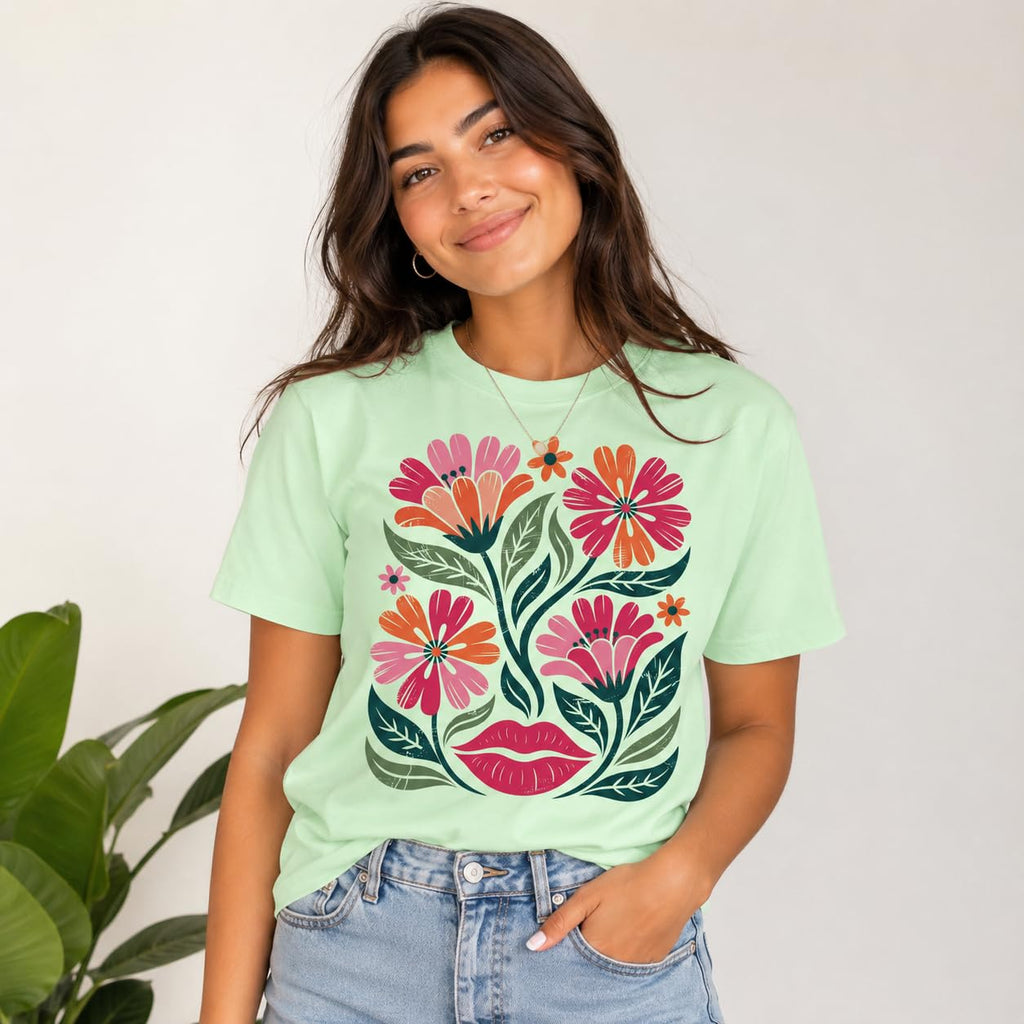 Women's Floral Graphic Tee Colorful Flower Design T-Shirt