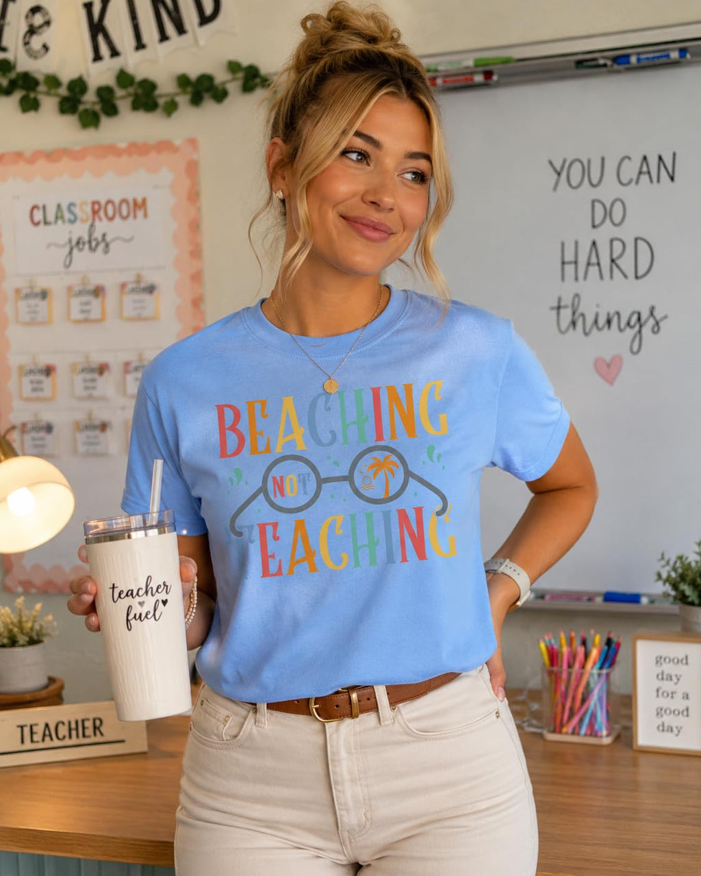 World and Space T-Shirt for Women, Funny Teacher Summer Vacation Tee, Retro Beach Graphic, 100% Cotton, Classic Fit