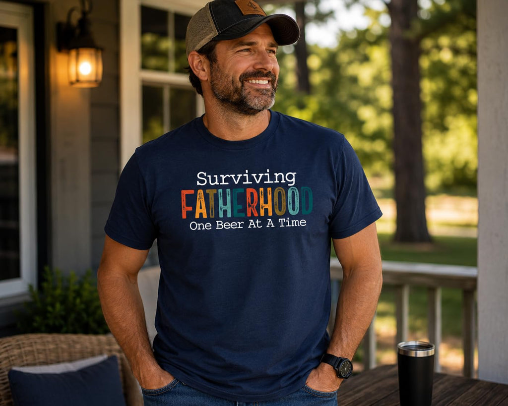 Surviving Fatherhood Funny Dad Beer Graphic Tee, Retro Father's Day T-Shirt, Gift for Dads, Husband, Grandpa