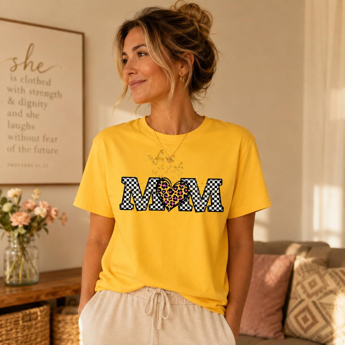 Butterfly Leopard Heart Checkered Mama Graphic T-Shirt for Women