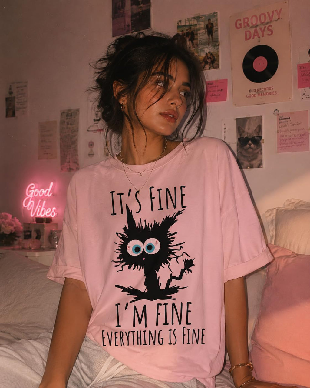 Black Cat Graphic T-Shirt It's Fine I'm Fine Everything is Fine