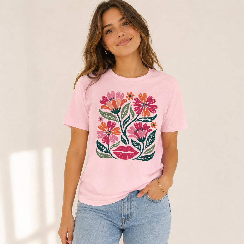 Women's Floral Graphic Tee Colorful Flower Design T-Shirt