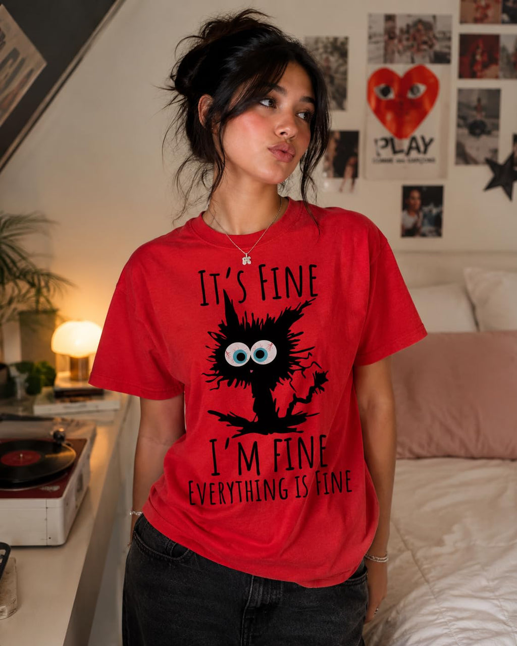 Black Cat Graphic T-Shirt It's Fine I'm Fine Everything is Fine