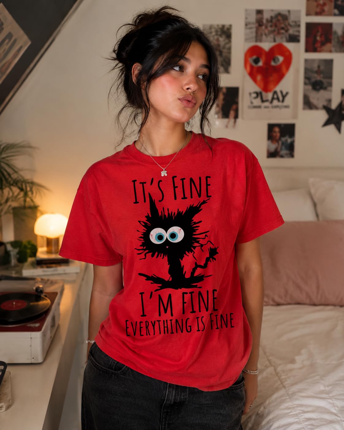 Black Cat Graphic T-Shirt It's Fine I'm Fine Everything is Fine