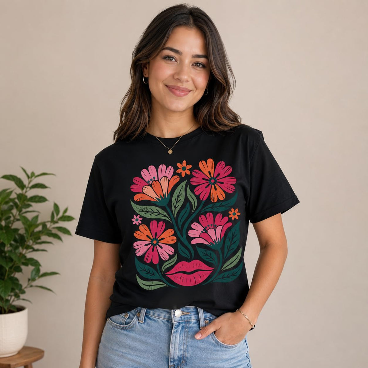 Women's Floral Graphic Tee Colorful Flower Design T-Shirt
