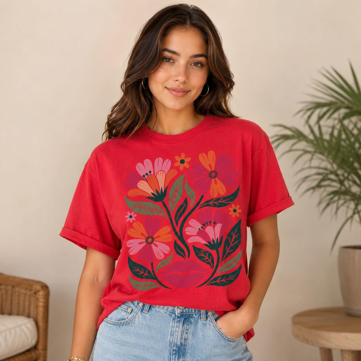 Women's Floral Graphic Tee Colorful Flower Design T-Shirt