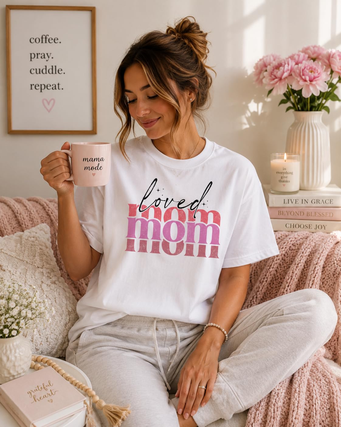 Loved Mom Graphic Tee for Women, Cute Retro Pink Mama T-Shirt, Aesthetic for Moms, Grandma, Wife