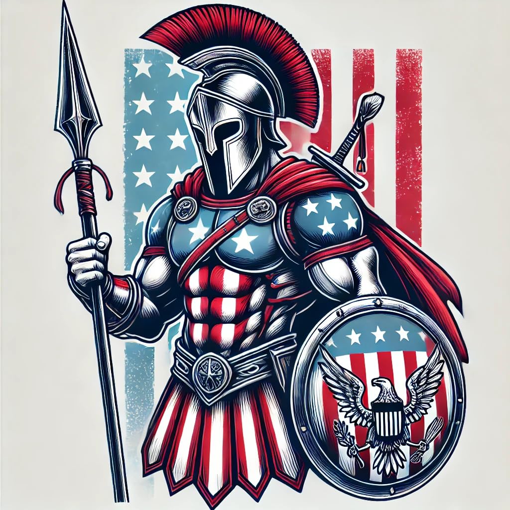 American Spartan Patriotic Graphic T-Shirt, Warrior Design, Men's Size, 4th of July, Memorial Day