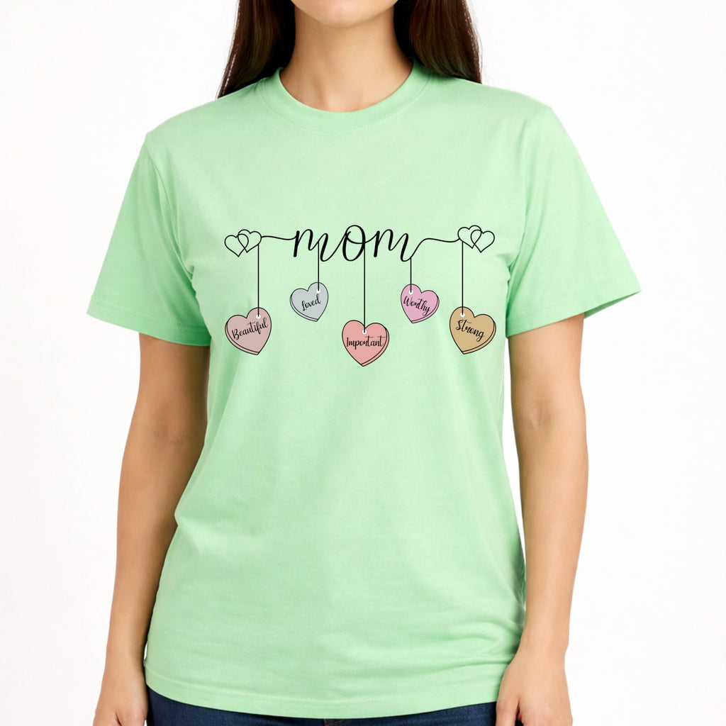 Mom Shirt with Hanging Heart Charms, Cute Mother Graphic T-Shirt, Gift for Mom, Soft Casual Women’s Tee