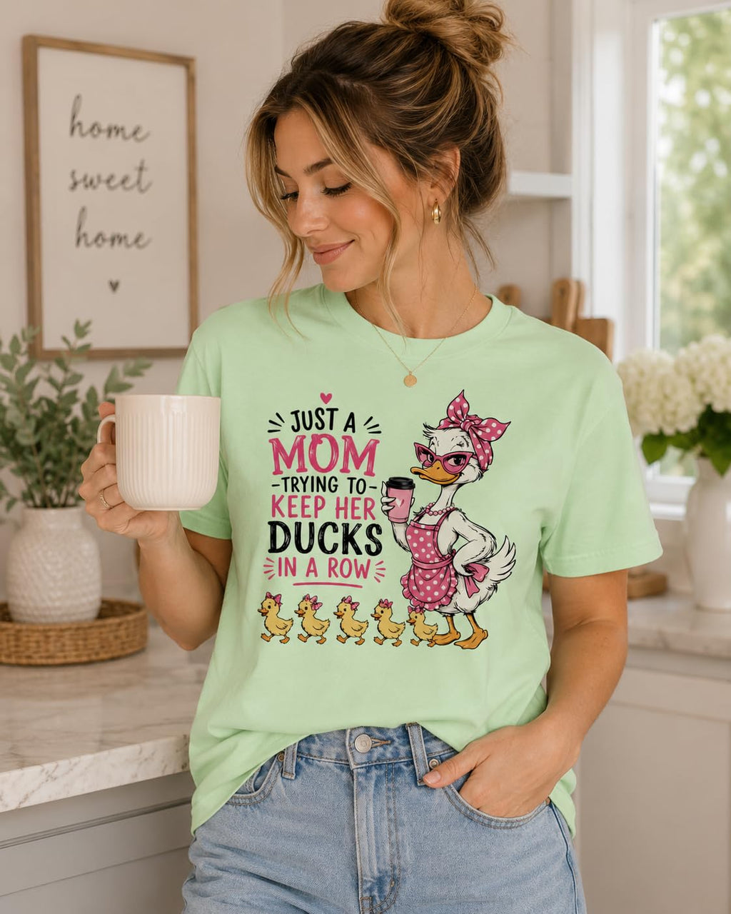 Funny Mom T-Shirt, Just A Mom Trying to Keep Her Ducks in A Row, Cute Mama Duck Graphic Tee, for Women