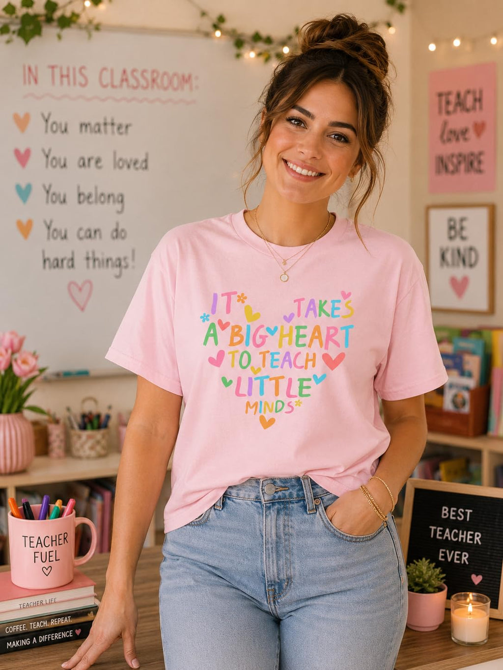 Preschool Teacher Graphic Tee, It Takes a Big Heart to Teach Little Minds, Cute Shirt for Women
