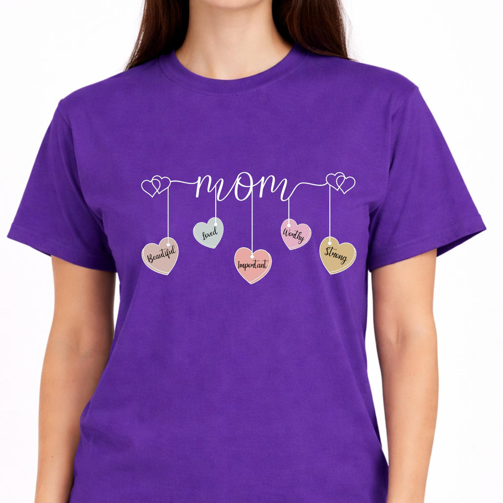 Mom Shirt with Hanging Heart Charms, Cute Mother Graphic T-Shirt, Gift for Mom, Soft Casual Women’s Tee