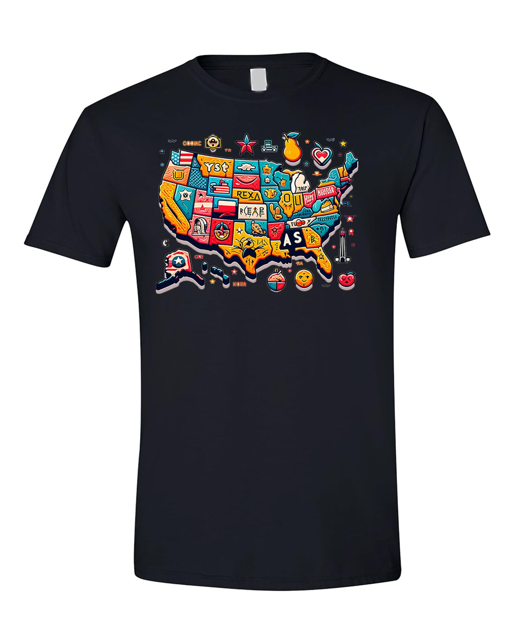 USA State Icons T-Shirt, Unique Map Design with State Symbols, Vibrant Colors, Travel/USA Lovers, Large