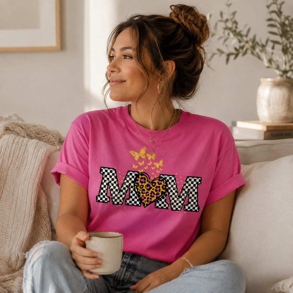 Butterfly Leopard Heart Checkered Mama Graphic T-Shirt for Women