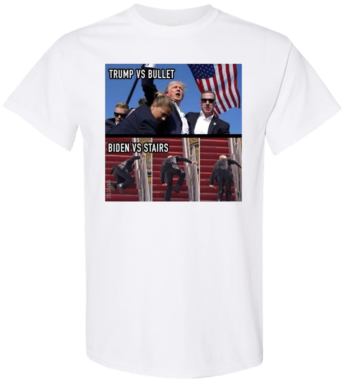 Funny Political Meme T-Shirt - Trump vs Bullet and Biden vs Stairs - Hilarious Graphic Tee for Men and Women