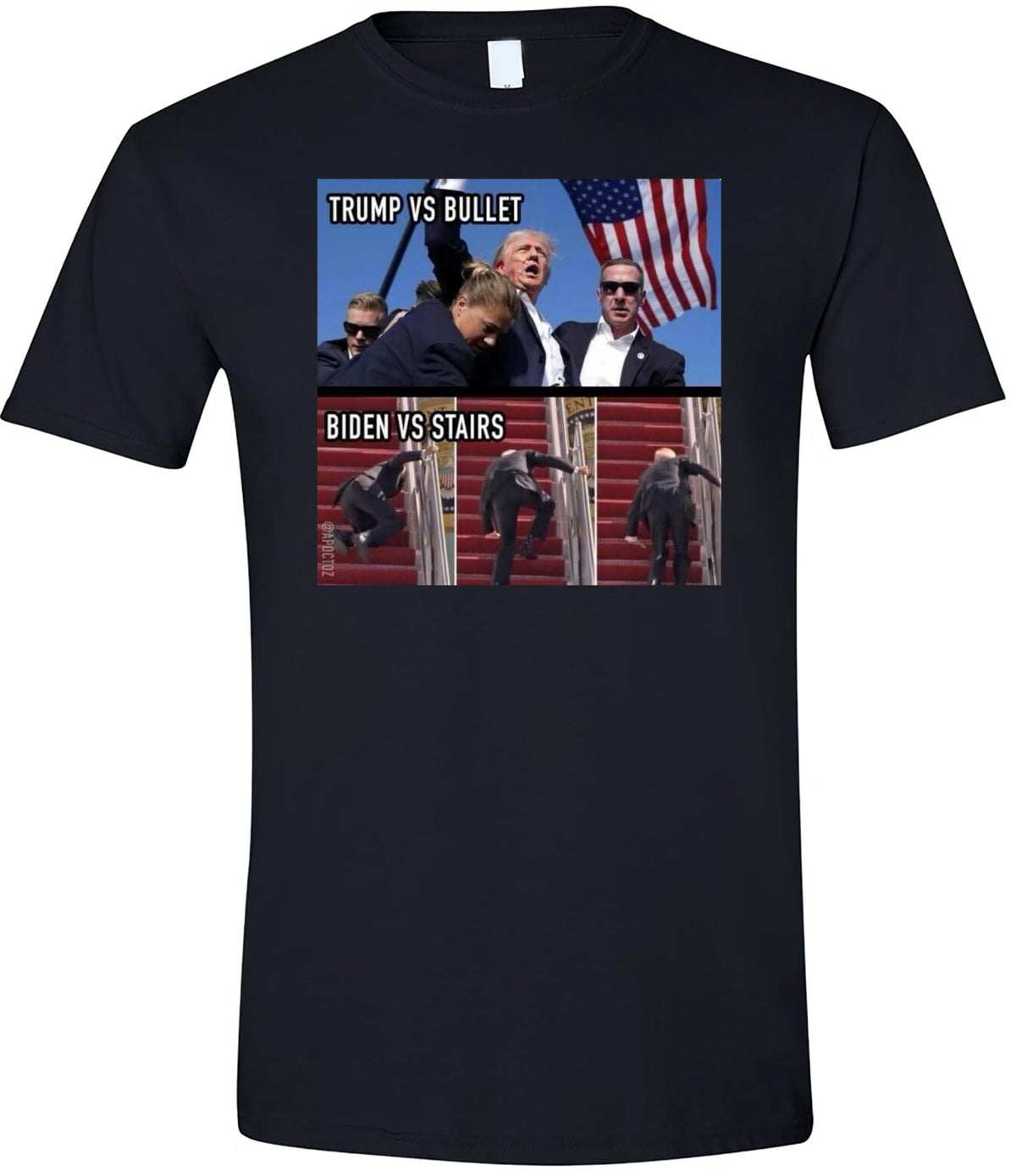 Funny Political Meme T-Shirt - Trump vs Bullet and Biden vs Stairs - Hilarious Graphic Tee for Men and Women