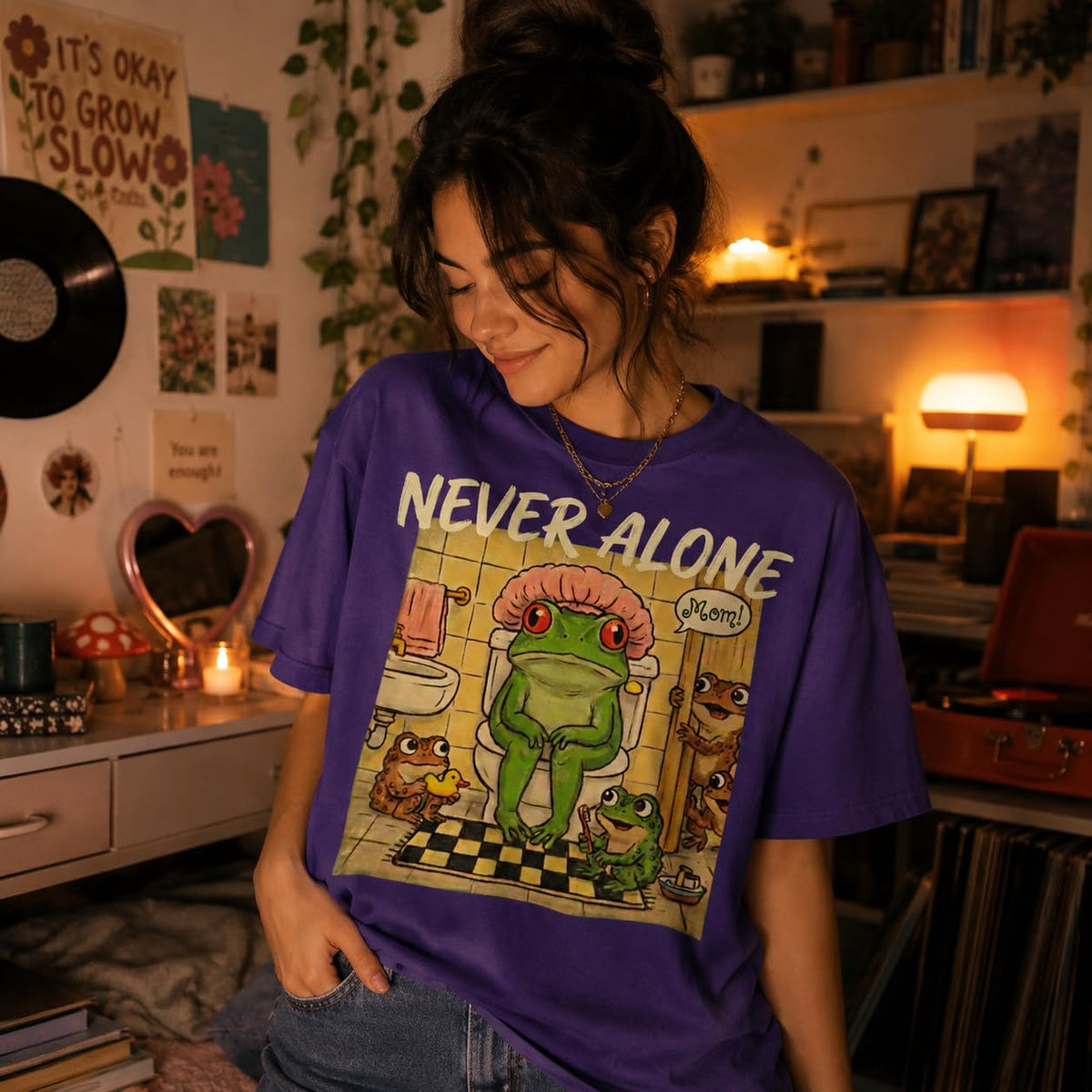 Never Alone Frog Mom Funny Graphic T-Shirt for Women