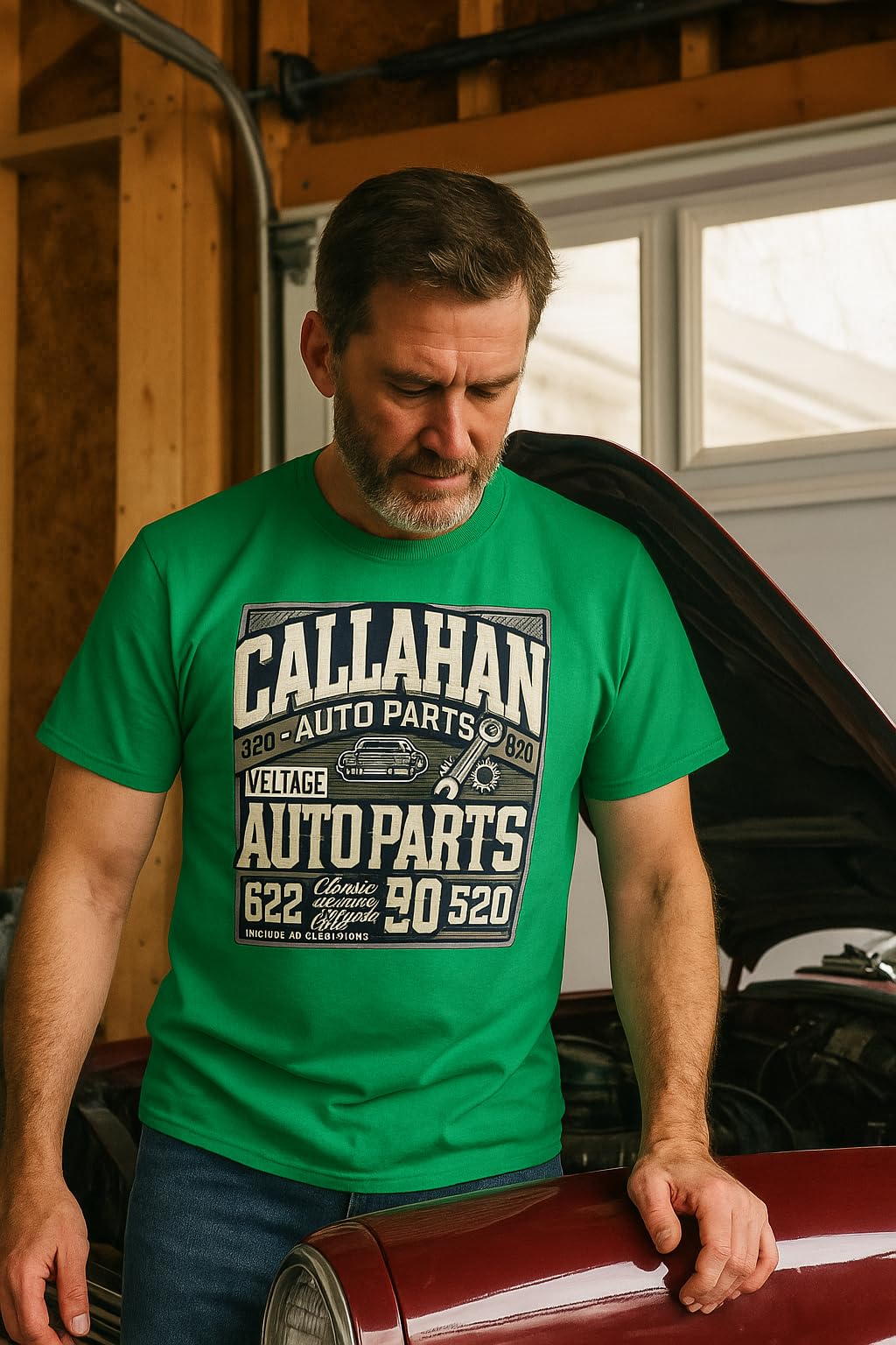 Vintage Callahan Auto Parts T-Shirt, Retro Car Enthusiast Graphic Tee, Classic Dark Green and White Design
