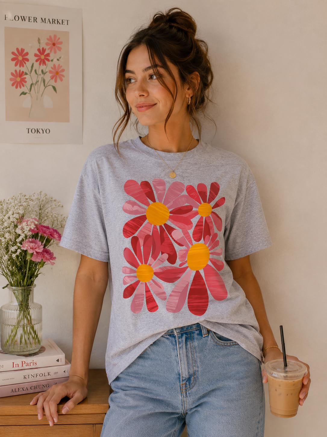 Cute Pink Floral Graphic Tee for Women, Vintage Daisy Flower T-Shirt, Spring Summer Casual Shirt