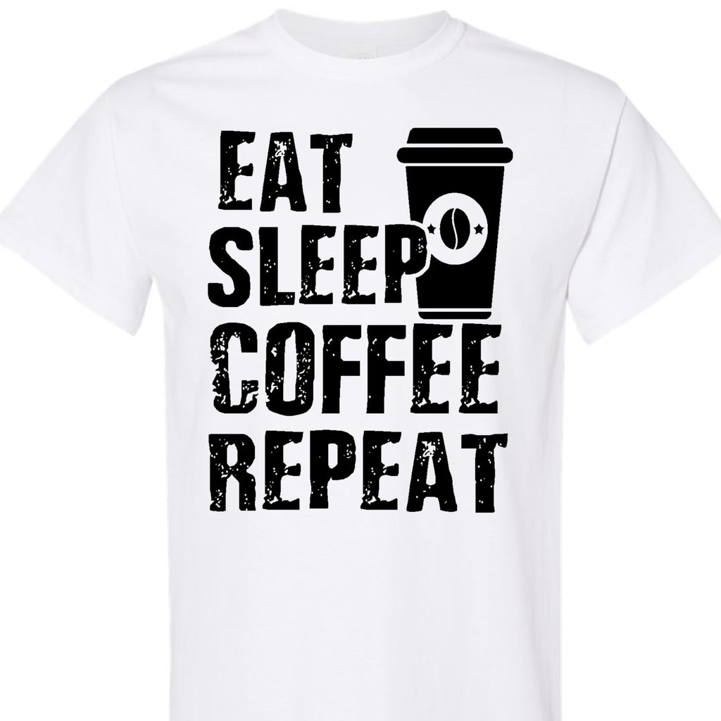 Eat Sleep Coffee Repeat Graphic Tee, Funny Caffeine Addict Quote Shirt for Women and Men, Trendy Barista Coffee Lover Gift