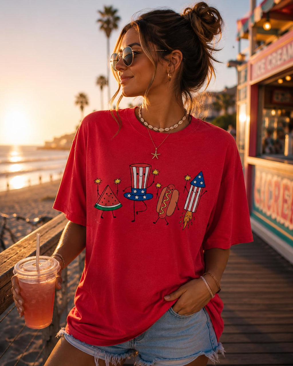 July 4th Patriotic Graphic Tee for Women, Independence Day American Flag Fireworks Top, USA Summer Shirt