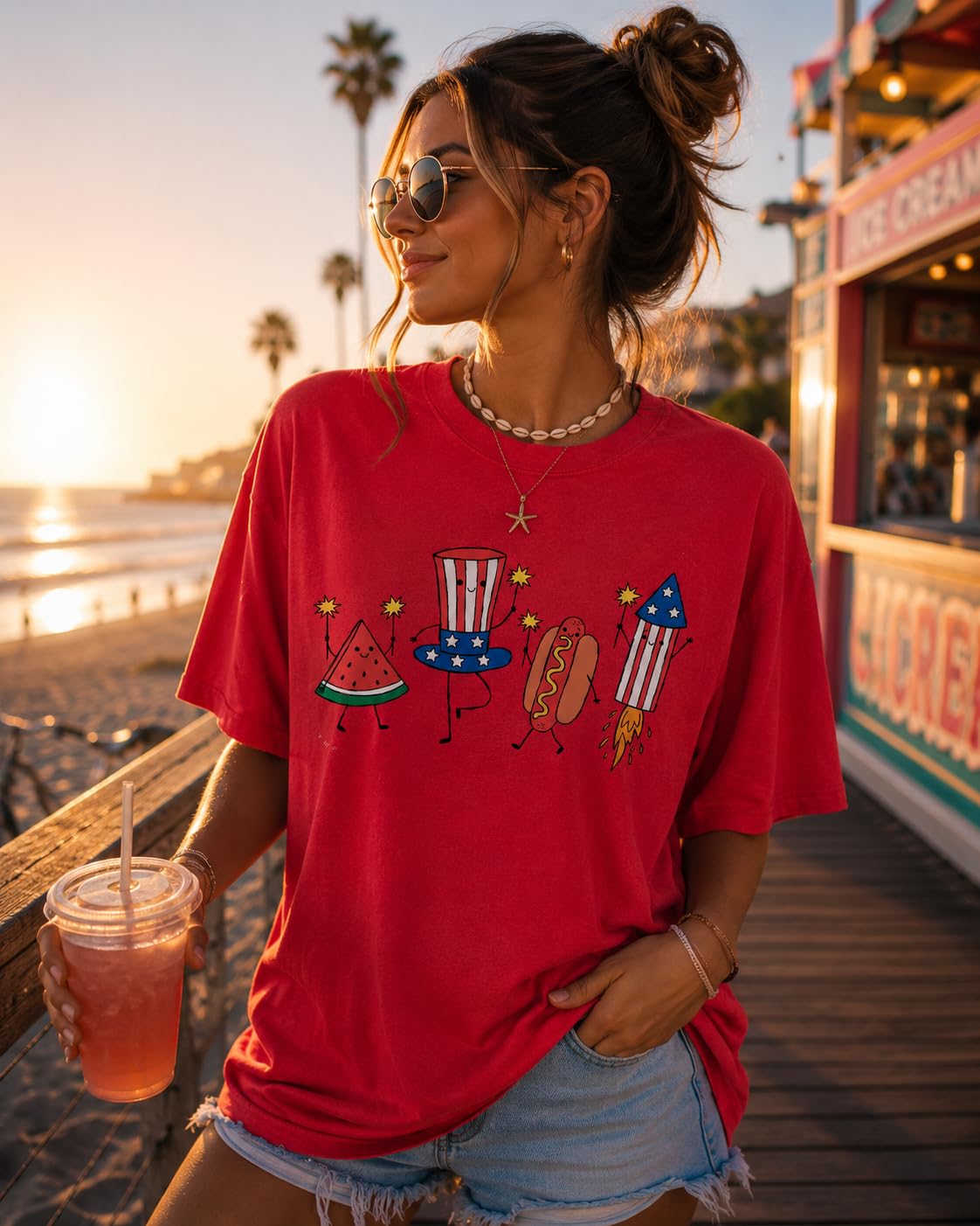 July 4th Patriotic Graphic Tee for Women, Independence Day American Flag Fireworks Top, USA Summer Shirt