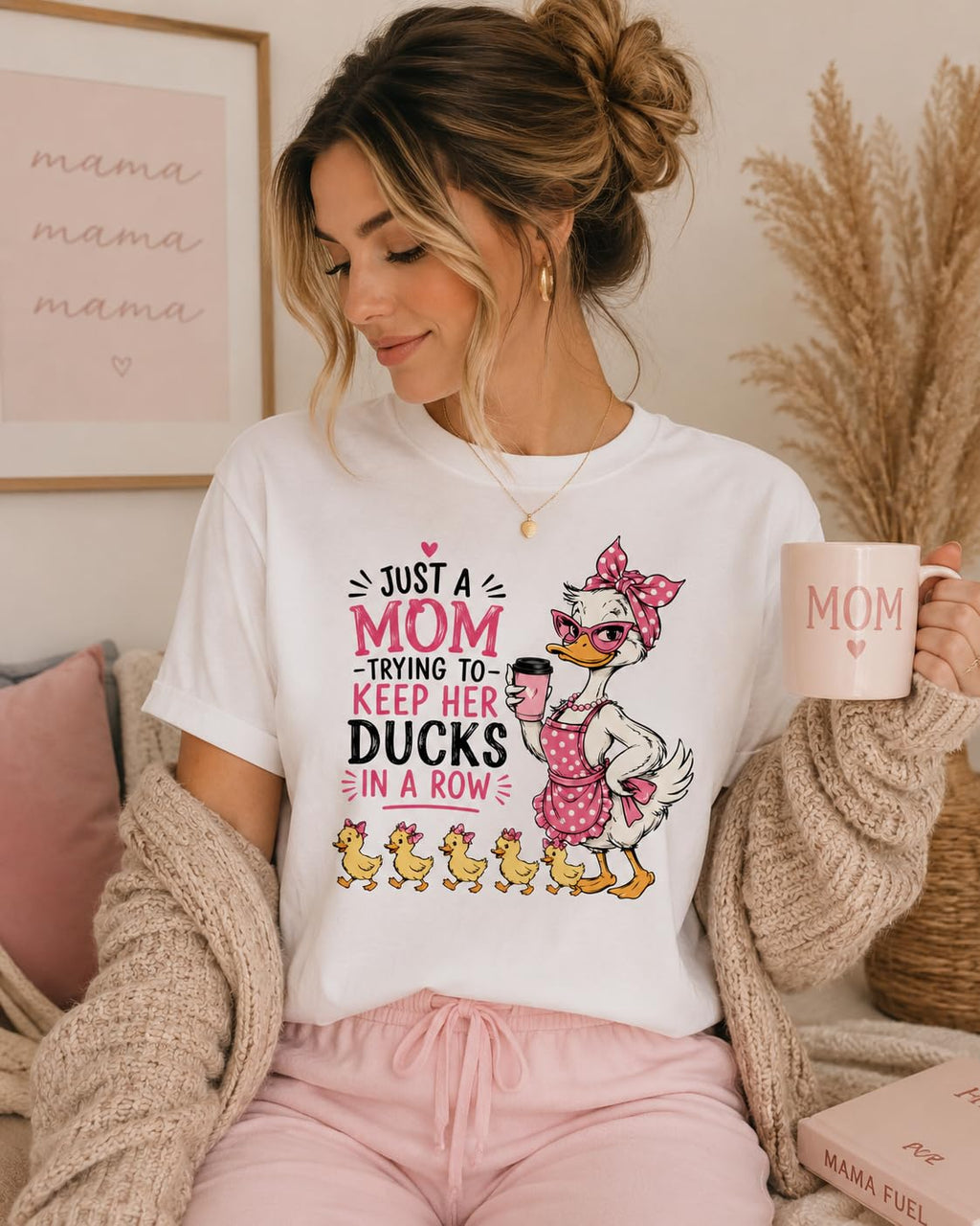 Funny Mom T-Shirt, Just A Mom Trying to Keep Her Ducks in A Row, Cute Mama Duck Graphic Tee, for Women