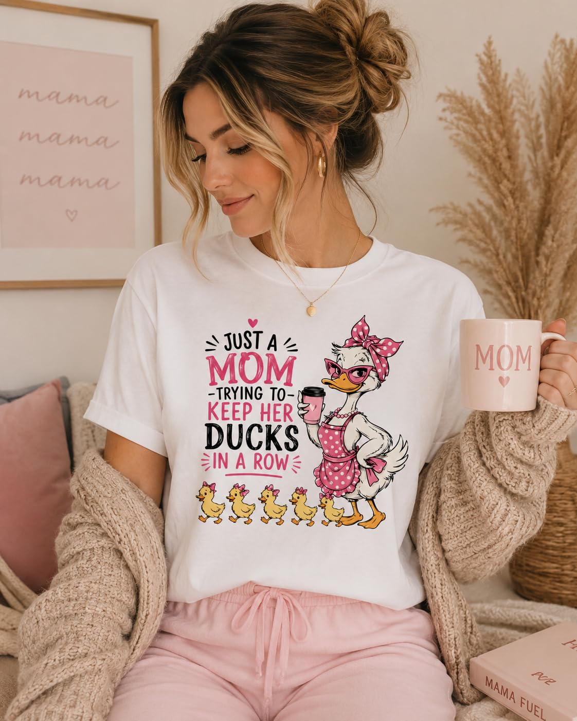 Funny Mom T-Shirt, Just A Mom Trying to Keep Her Ducks in A Row, Cute Mama Duck Graphic Tee, for Women