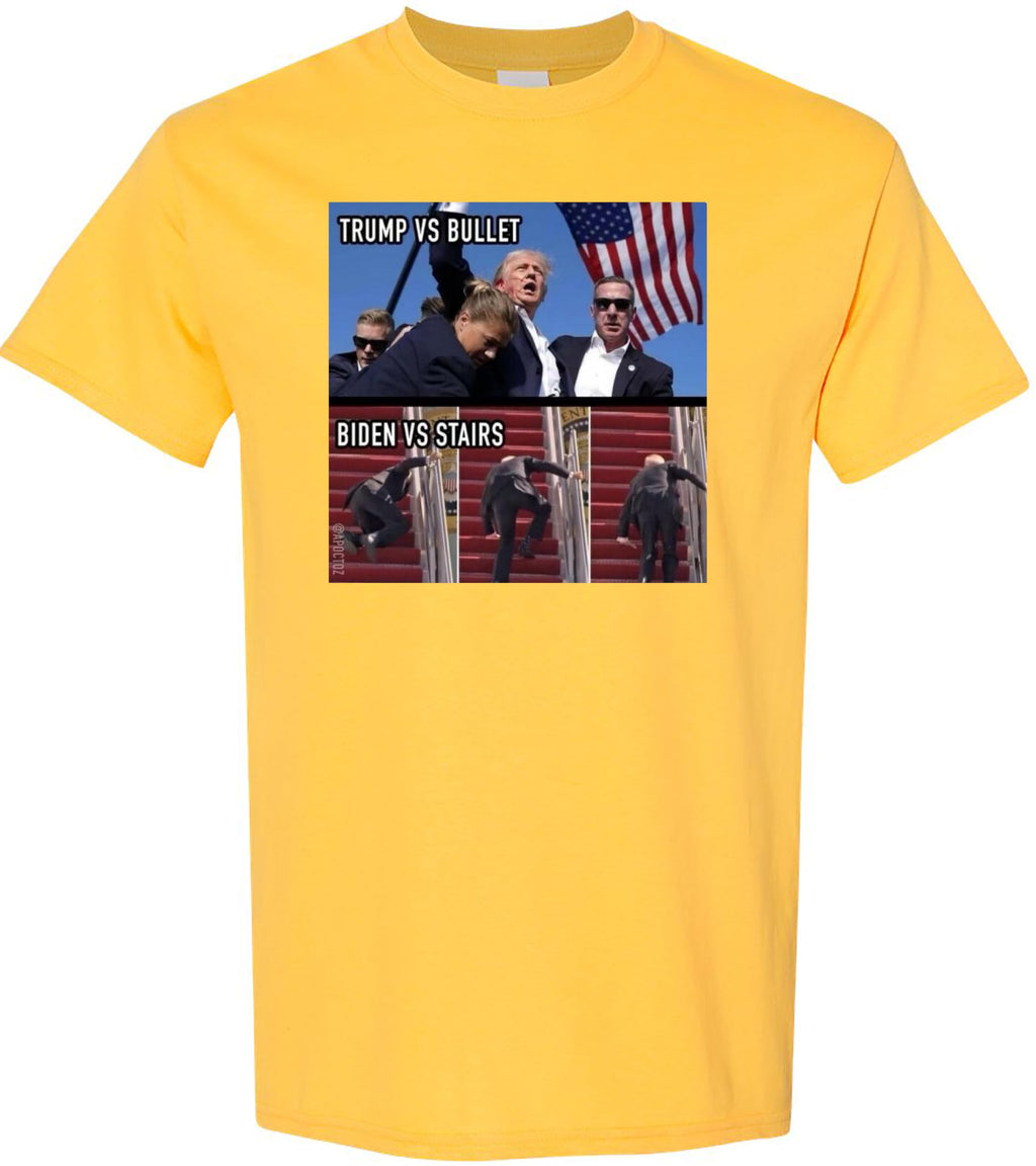 Funny Political Meme T-Shirt - Trump vs Bullet and Biden vs Stairs - Hilarious Graphic Tee for Men and Women