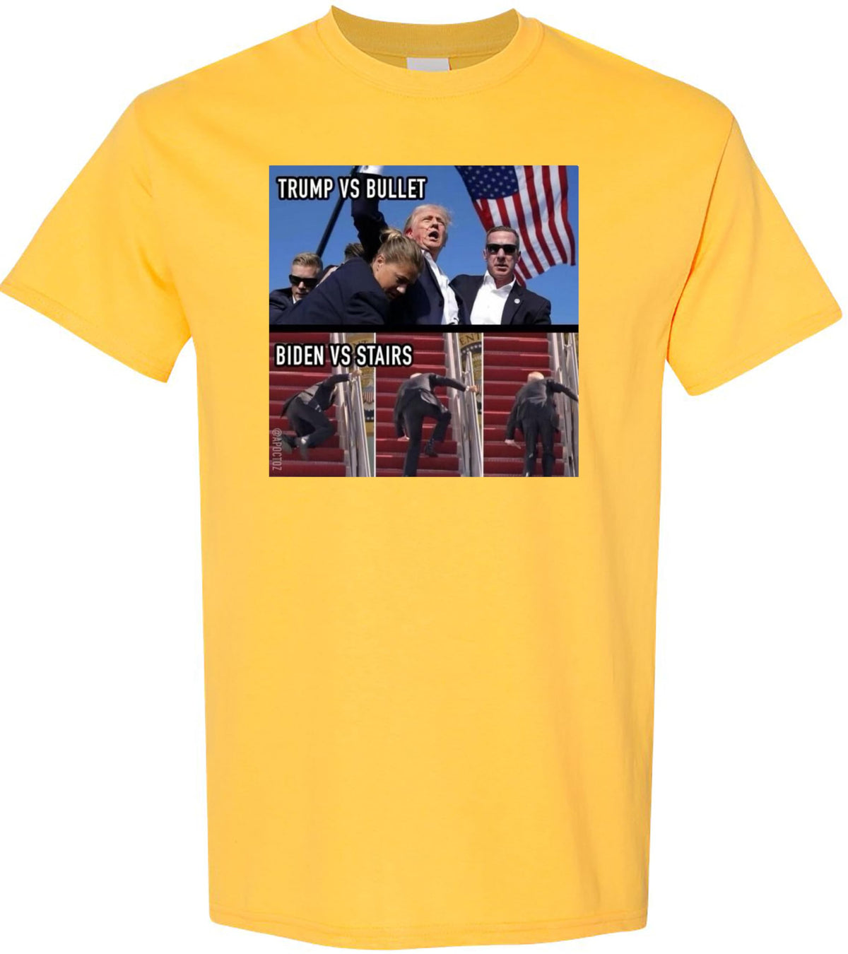 Funny Political Meme T-Shirt - Trump vs Bullet and Biden vs Stairs - Hilarious Graphic Tee for Men and Women