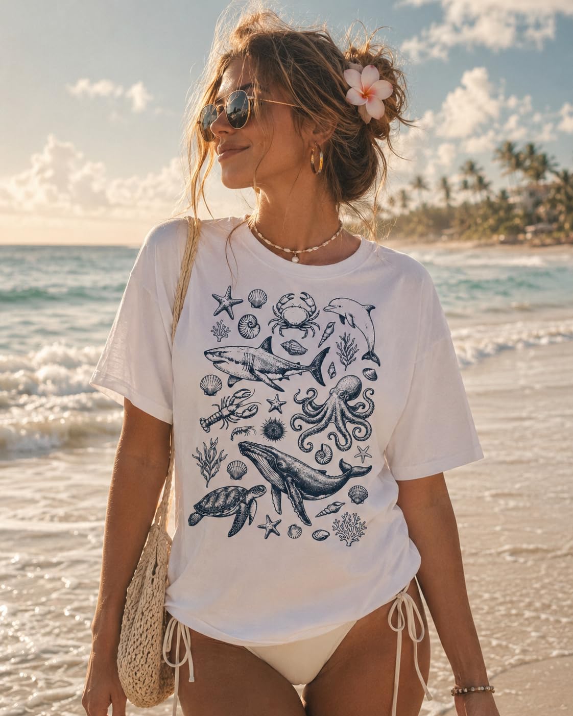 Women's Graphic T-Shirt, Casual Summer Beach Vacation Tee, Cute Coastal Top, Beachwear
