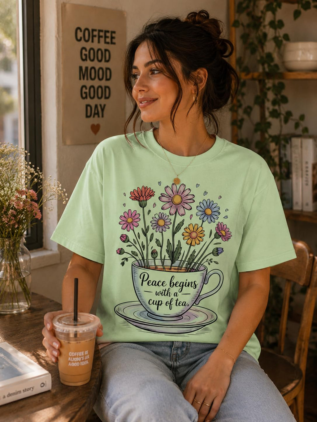 Tea Lover Graphic T-Shirt, Peace Begins with a Cup of Tea Floral Quote Tee