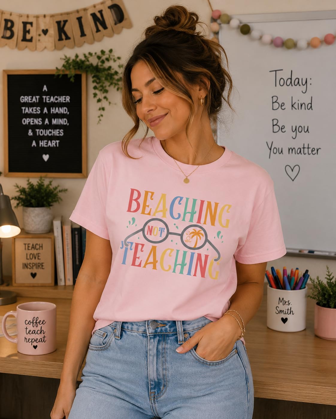 World and Space T-Shirt for Women, Funny Teacher Summer Vacation Tee, Retro Beach Graphic, 100% Cotton, Classic Fit