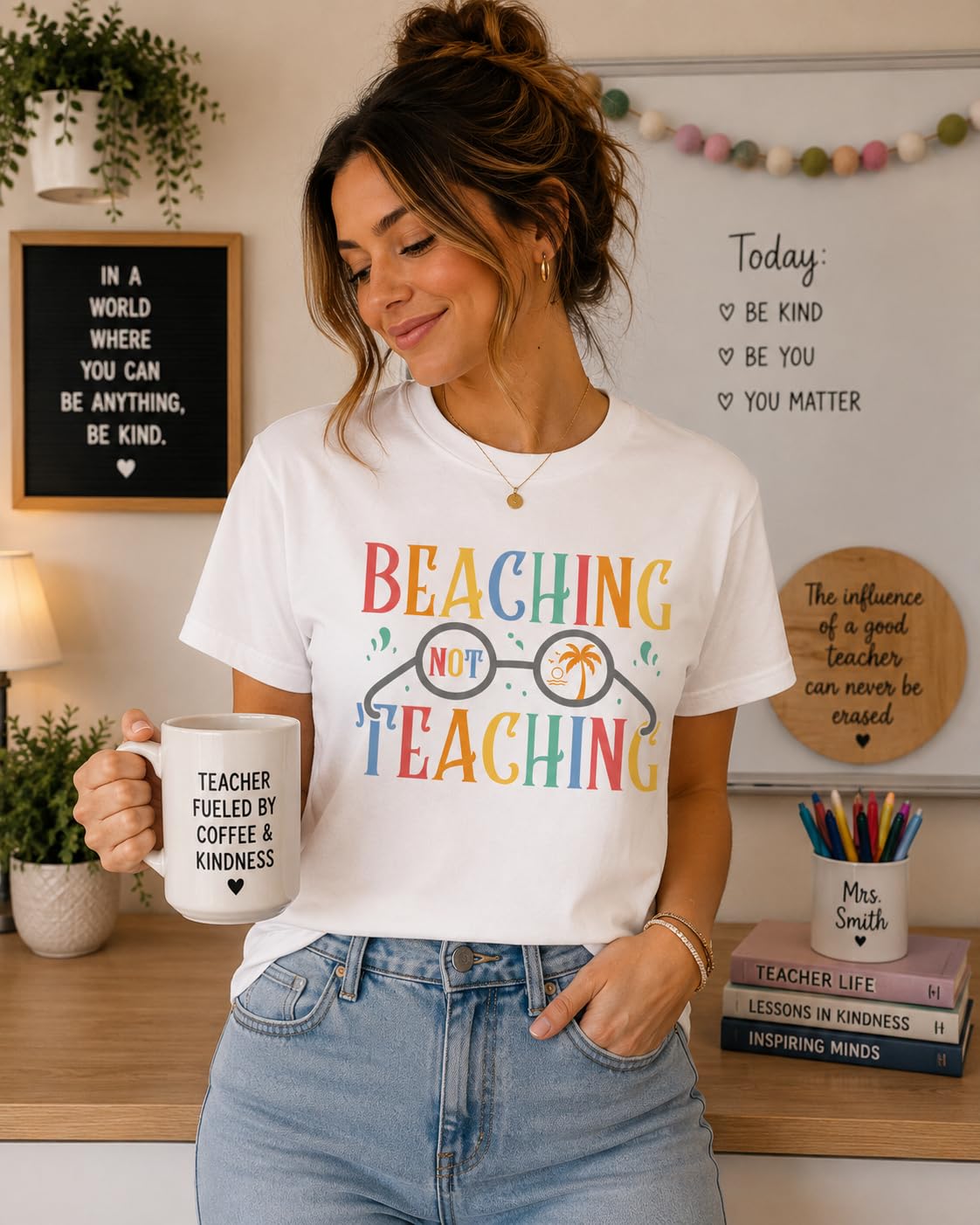 World and Space T-Shirt for Women, Funny Teacher Summer Vacation Tee, Retro Beach Graphic, 100% Cotton, Classic Fit