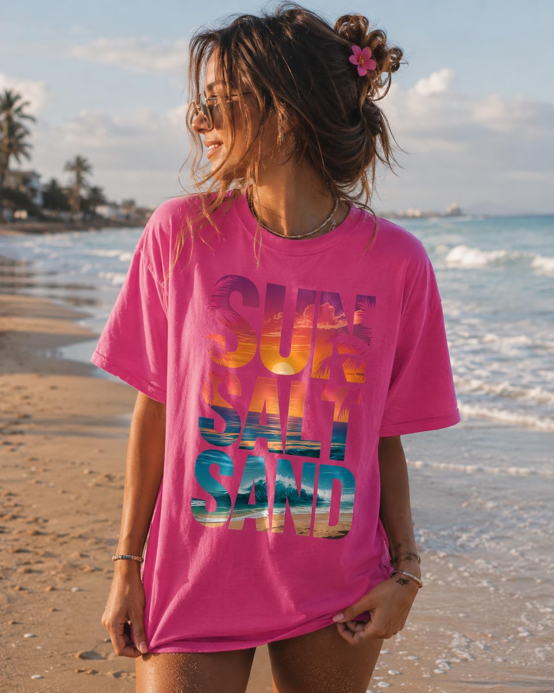 Sun Salt Sand Graphic Tee for Women Beach Vacation T-Shirt