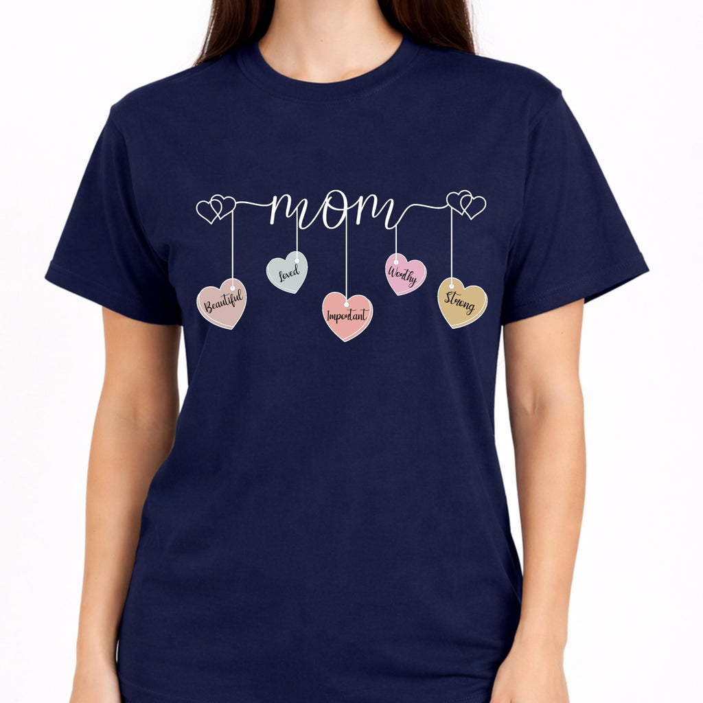 Mom Shirt with Hanging Heart Charms, Cute Mother Graphic T-Shirt, Gift for Mom, Soft Casual Women’s Tee