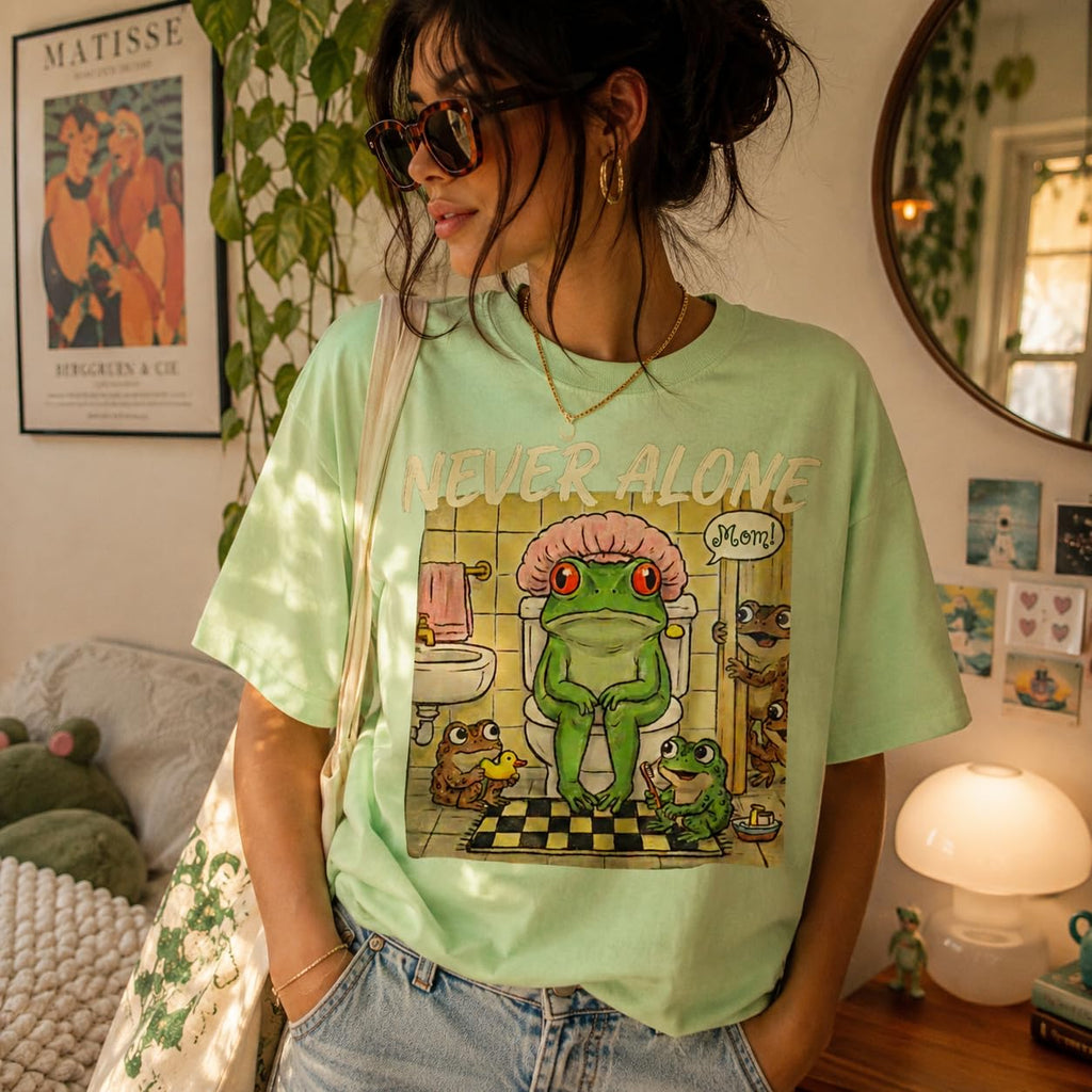 Never Alone Frog Mom Funny Graphic T-Shirt for Women