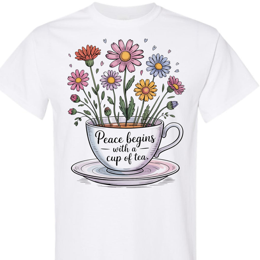 Tea Lover Graphic T-Shirt, Peace Begins with a Cup of Tea Floral Quote Tee