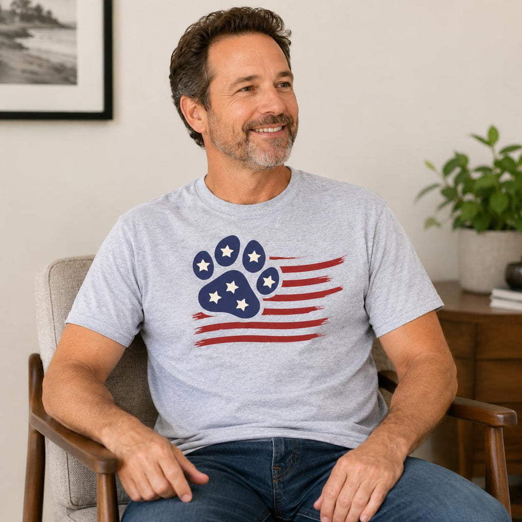 4th of July Dog Shirt for Men and Women, Patriotic American Flag Paw Print Tee